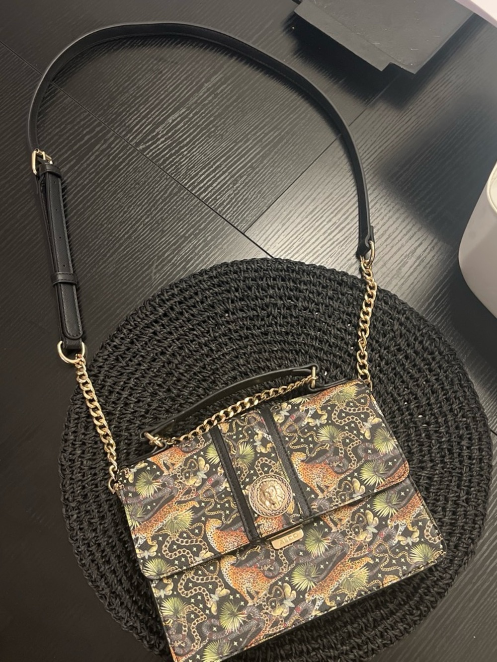 Aldo Black Printed Crossbody with Gold Chain and Multicolor Jungle Print